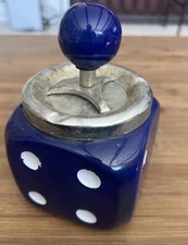 Vintage Large Blue Dice Ashtray Ceramic Handmade Rotating Lid Collectibles MCM