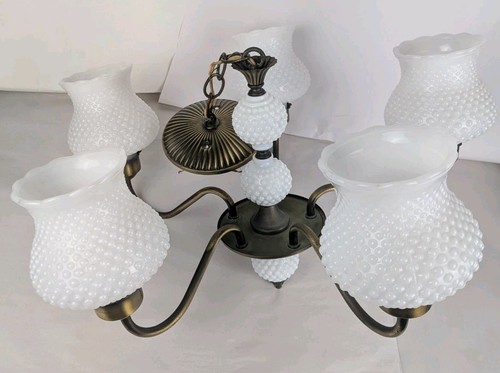 Vintage Hobnail Milk Glass 5 Arm Chandelier Brass Underwriters Light Fixture 