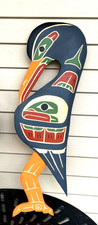 Northwest Coast Native Huge Yellow Cedar Heron with salmon carving