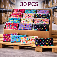 Wholesale Closeout 30pcs Heart Print Wallets Rainbow Heart Snap Pouches Bulk Lot