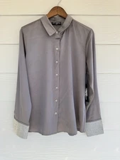 New Karl Lagerfeld Gray Rhinestone Cuffs Long Sleeve Button Down Shirt Sz L