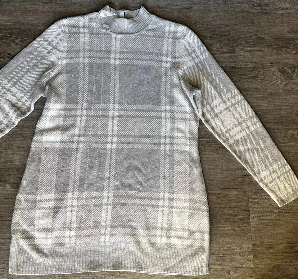 Isaac Mizrahi Live Plaid Sweater Gray White Tunic Long Sleeves L NWOT A390253 - Image 4 of 4