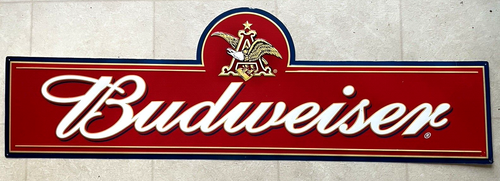 Budweiser Logo Sign Anheuser Busch Metal Beer Advertising Tacker Cursive 46" NOS - Picture 2 of 4