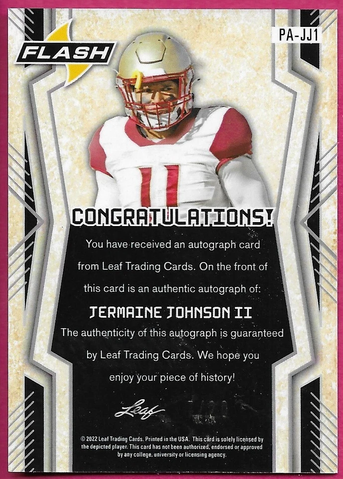 2022 Leaf Flash Football JERMAINE JOHNSON II Portrait Rookie XRC Autograph 7/20 - Image 2 of 2