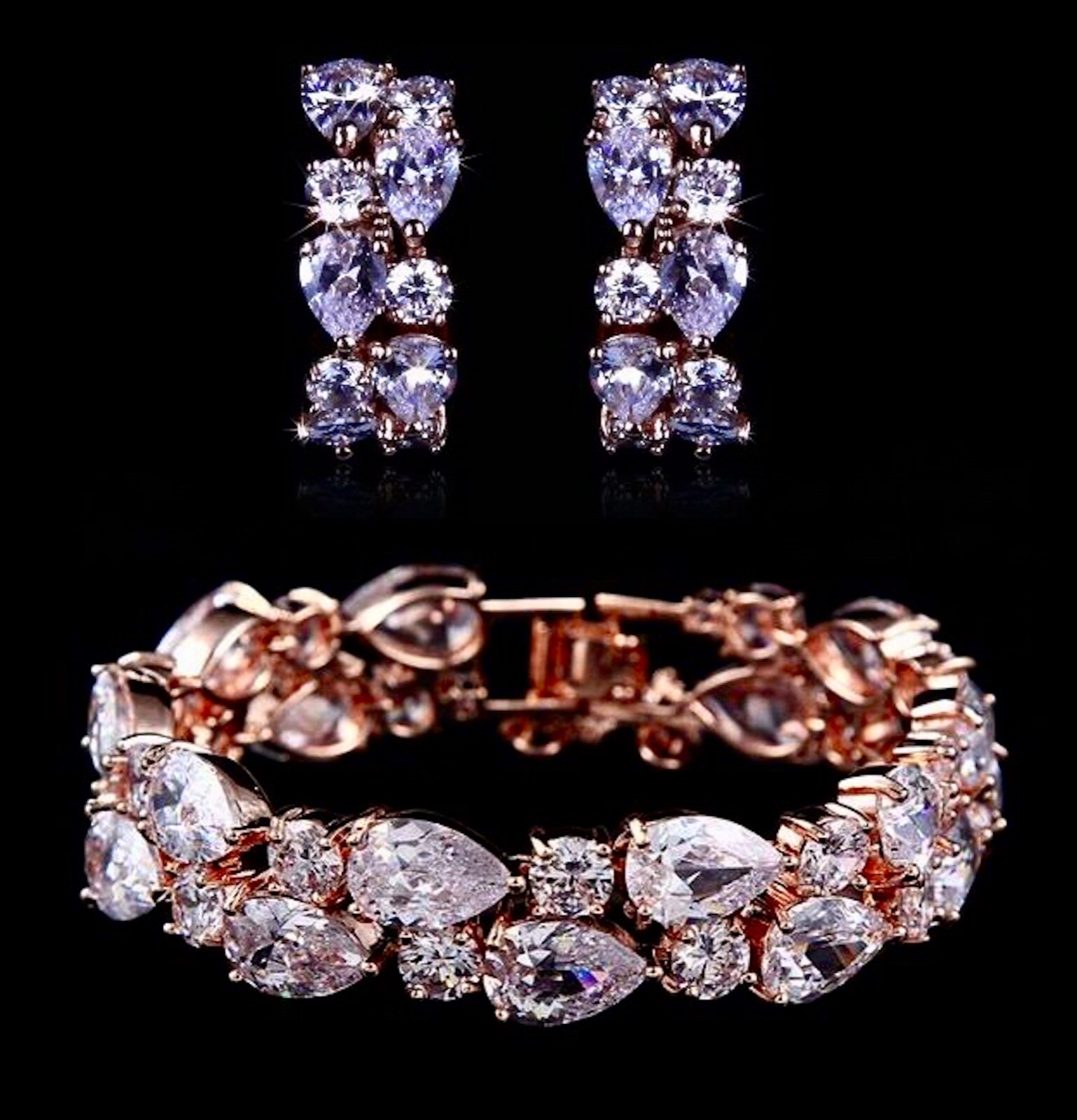 6A Simulate Diamond Tennis Bracelet Earrings Set 18k Rose Gold Plated