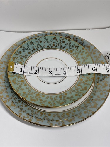 Vintage 3pc Tirschenreuth Bavaria Tea Cup Saucer Cake Plate In Green And Gold - Picture 6 of 7