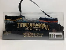 TRUE RELIGION BRAND JEANS 3 PACK Boot Logo SOCKS w/Canvas Zip Pouch Gift Box 