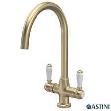 Astini Colonial Brushed Brass/Gold & White Handle Twin Lever Kitchen Tap