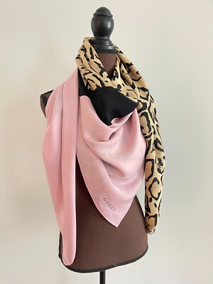 Unisex Gucci Scarf Pink Logo Animal Leopard Print Silk Wrap Oversize Shawl