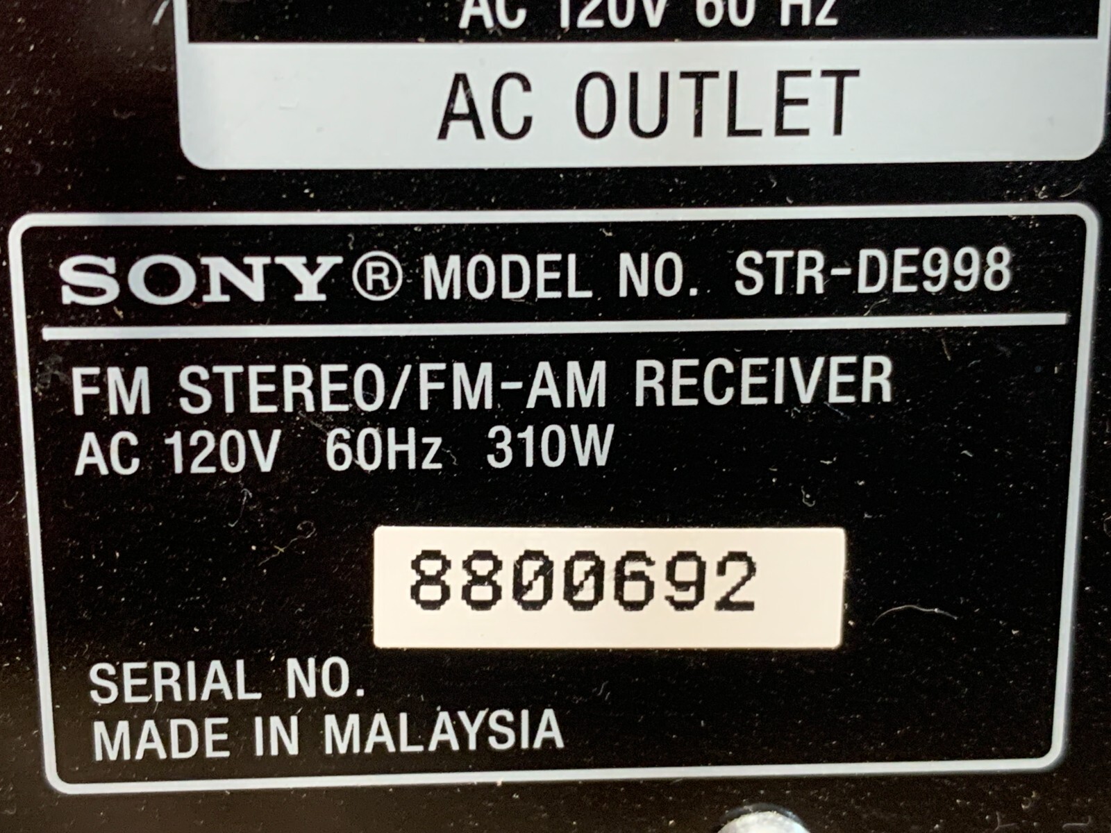 Sony STR-DE998 7.1-Channel A/V Surround Sound Receiver (Black) - No Remote