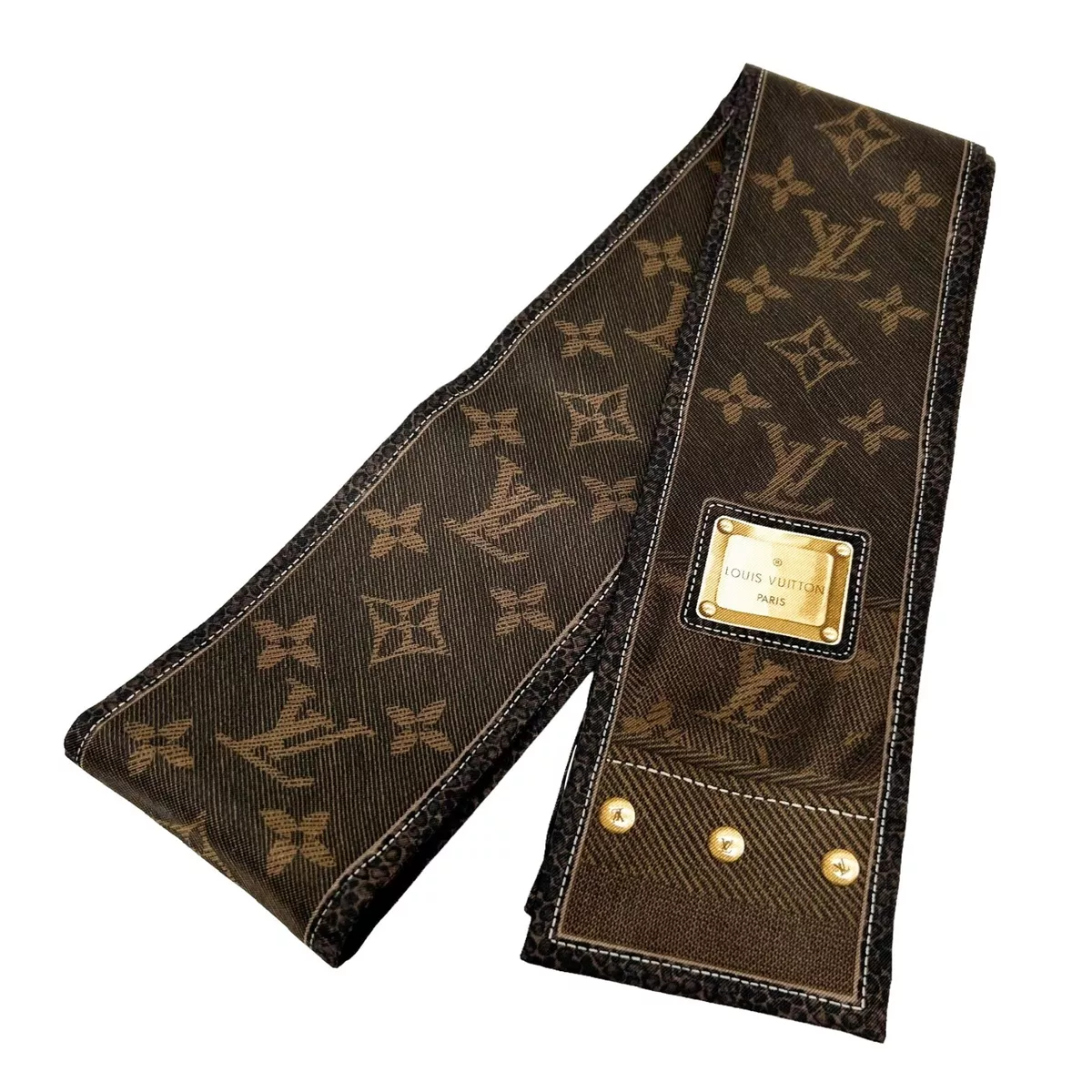 LOUIS VUITTON Vintage LV Monogram Logo Bandeau Scarf Brown Gold Silk Rank  AB+