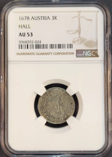 1678 AUSTRIA SILVER 3 KREUZER 3K LEOPOLD I HALL MINT NGC AU 53 GREAT COIN