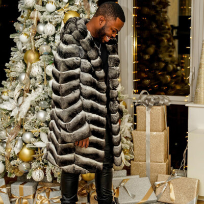 Men Real Chinchilla Rex Rabbit Fur Coat Hooded Winter Coat Natural