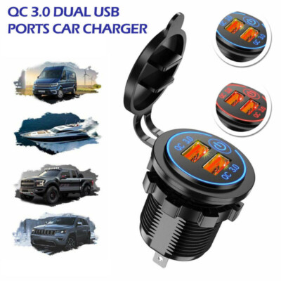 12V Car Cigarette Lighter USB Socket Dual QC3.0 Ports Fast Charger Power Adapter