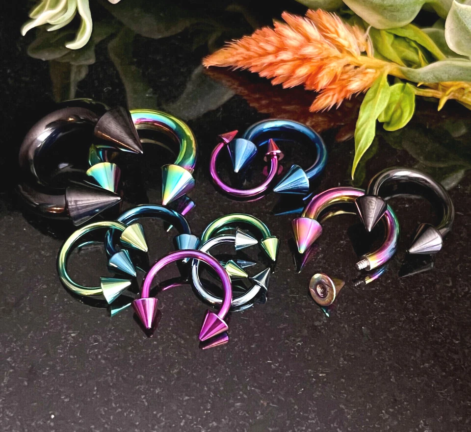 1pc Titanium Spiked Circular Barbell Horseshoe Septum, Eyebrow, Nipple Ring - Image 2 of 2