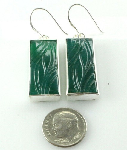 Natural Green Onyx Hand Carved Matched Pair Fancy Shape Gemstone Silver Earring - Picture 2 of 10