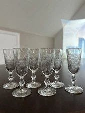 Vintage Crystal Cordial Glasses, Floral Etched Set of 6