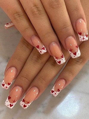 24Pcs Short Square French White Edge Nails Polka Dot Star Red Heart Set