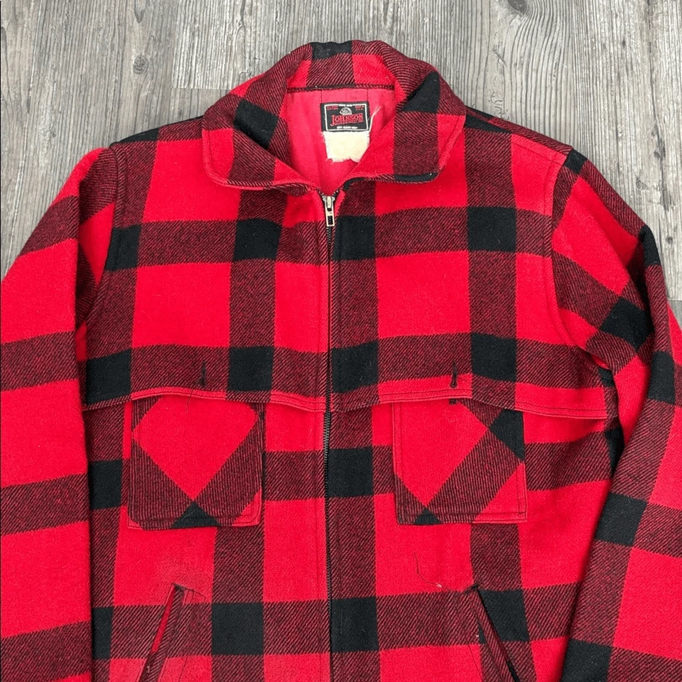 VINTAGE 80S JOHNSON WOOLEN MILLS RED PLAID WOOL JACKET MENS LARGE - Image 2 of 4