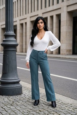 SHE + SKY Teal Flat Front Straight Leg Dress Pants Button Accent Women s Casual