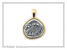 Owl tetradrachm coin pendant, sterling silver oxidized, and gold filled,