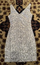 VINCE CAMUTO Elegant White Satin-Silver Sequin Dress~Bodycon Sheath Size 8~$149
