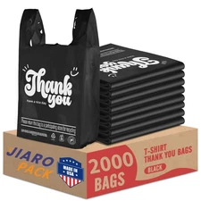 2000 Black Thank You T-Shirt Bags 12" x 6.5" x 21" Plastic Grocery Shopping Bags