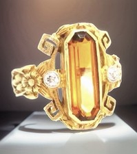 Victorian 14k Citrine diamonds Ring, French Rococo Influence Citrine Ring