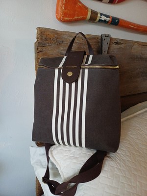 Henri Bendel Brown White Striped Canvas Backpack Gold  display picture 2