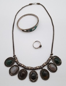 SIVER CABOCHON NECKLACE TURQUOISE TAXCO BRACELET RING