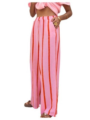 Womens Summer Striped Wide Leg Pants Elastic High Waist Casual Trousers