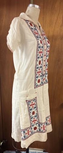 1920’s Linen Dress Blue Red Embroidery 37” Bust 38” Hip Laundry Challenge - Picture 2 of 19