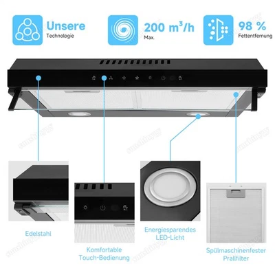 COSHALL 60cm Unterschrank-Dunstabzugshaube Abluft Umluft Dunstabzugshaube LED Touch