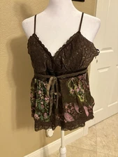 Rampage Women’s Y2K Pink And Brown Floral Glitter Fairy Babydoll Tank, Large 