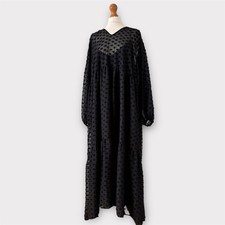 F&F Black Maxi Dress 22 Polka Dot Embroidered Sheer Lined Bow Neck Tiered Boho