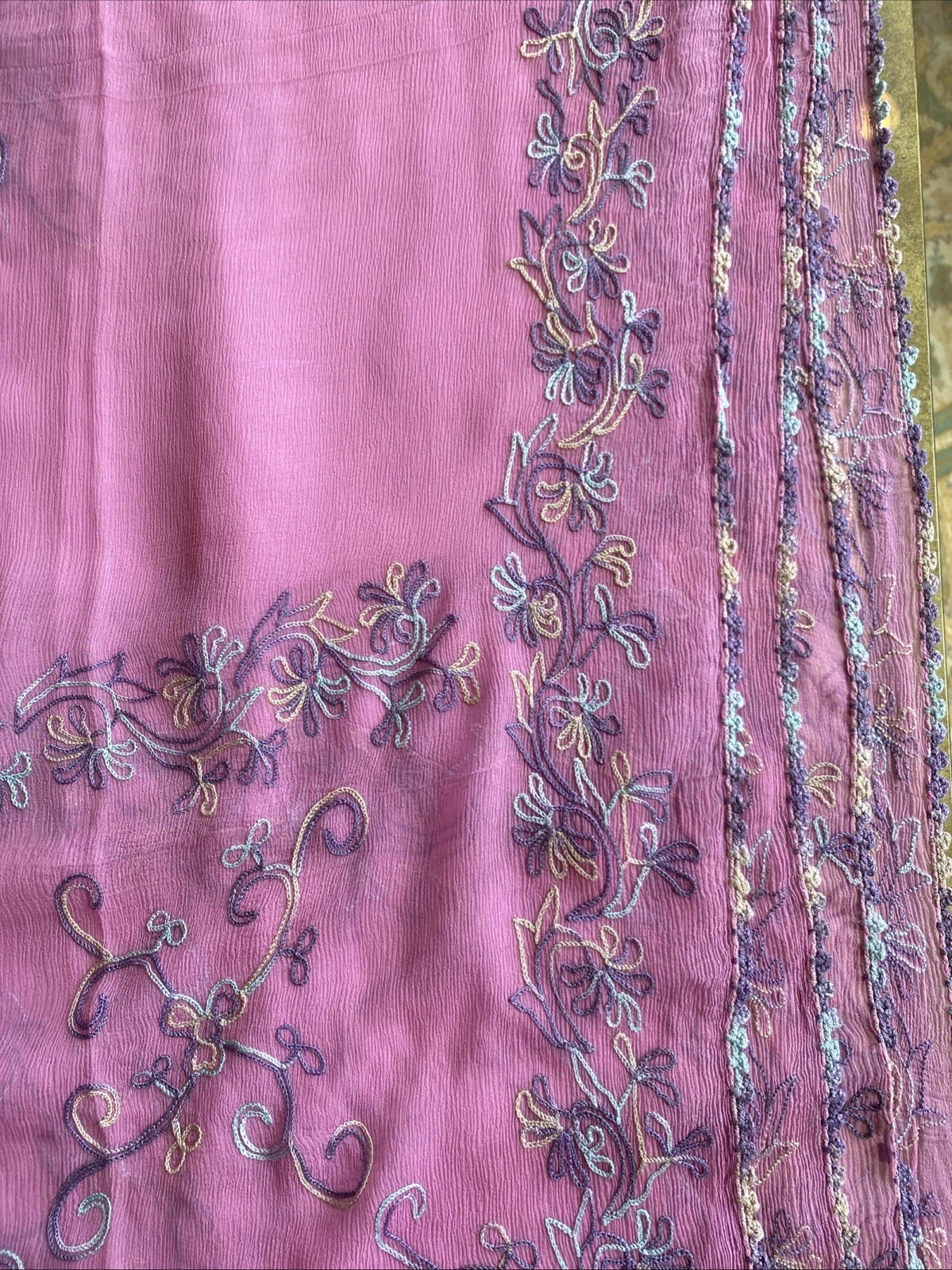 Vintage Sheer Silk Scarf Stole Lilac Purple Embroidered Artsy XXL 106x40" New