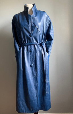 VINTAGE LEDER TRENCHCOAT 12 10 Gürtel Staubwedel blau New Wave Y2K Blogger lang