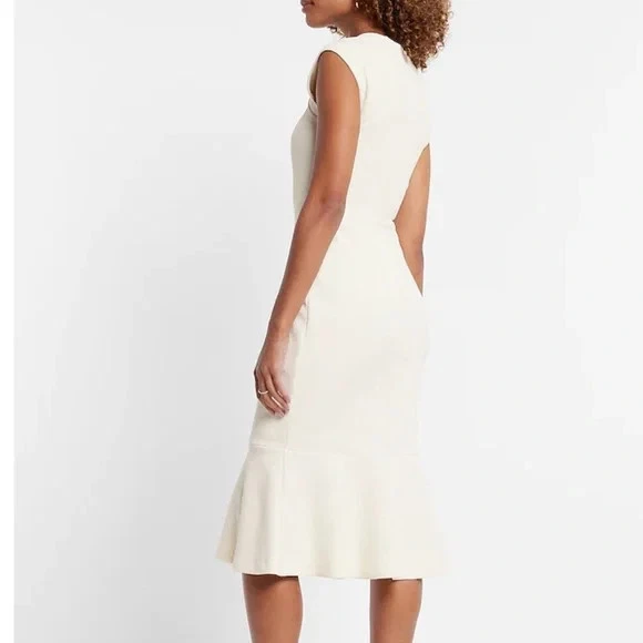 Vestido Vaina Express Talla XS Cuello Cuadrado Peplum Midi Crema Foto 2 de 4