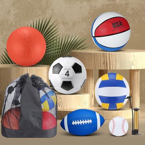  18 Pcs Sports Ball Set for Kids, Official Size Basketball Blue, White, Red