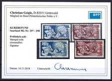 C) Saarland Mi 297-298 &deg; mit KB Geigle BPP, ME 320&euro;, einwandfrei (CC491)