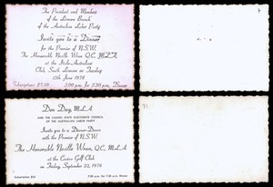 1978 2 x VINTAGE Labor Party Tickets to Premier Neville Wran Dinners and Dance