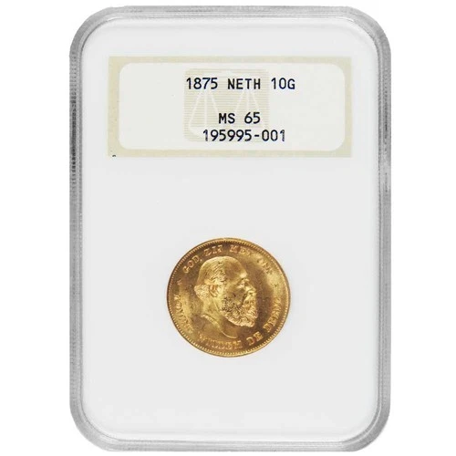 1875 Netherlands 10 Gulden NGC MS65 Old Holder