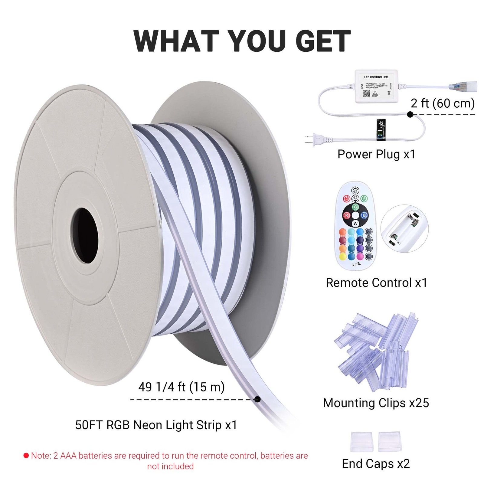 DELight 50FT RGB Neon Rope Lights with Remote Control & APP 110V IP65 DEL-D50R