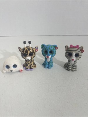 TY Beanie Boos Mini Boo LEONA Blue Leopard Kiki The Cat Seal Giraffe Lot Of 4