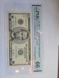 $ 5 2003 Federal Reseve Note Pmg 66 Gem Uncirculated SN 00000048