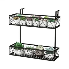 2-Tier Flower Pot Holder Balcony Hanging Rack Railing Shelf w/Adjustable Hooks