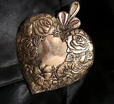 Silver Victorian Heart Ornament Valentine Floral Repousse Pansy Antique