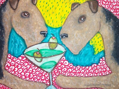 AIREDALE TERRIER Drinking a Martini Dog Pop Folk Art 8 x 10 Signed Print KSams