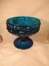 Vtg Glass Blue Pedestal Compote WAYNE HUSTED of BLENKO  MCM Cobalt Beautiful 