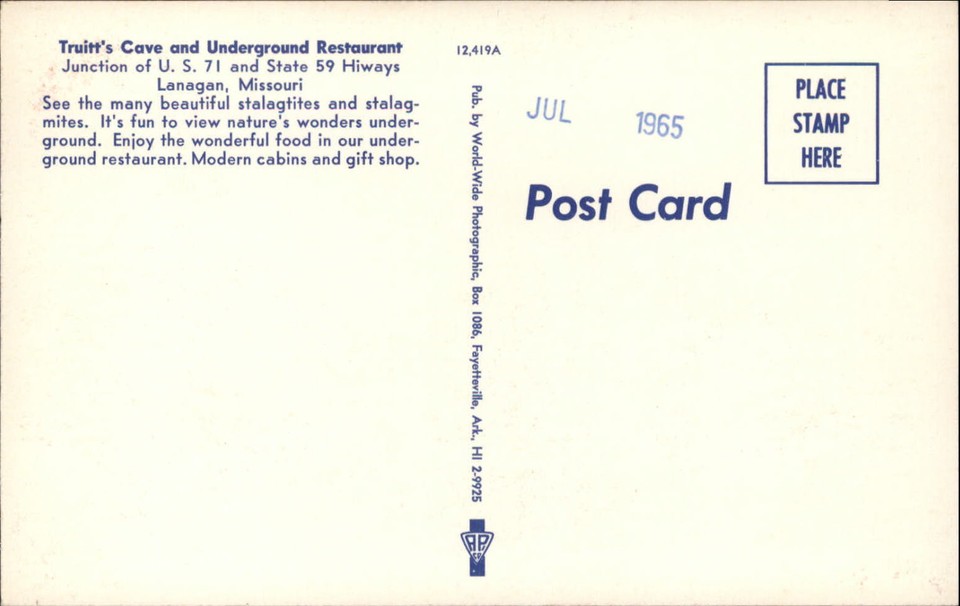 Lanagan Missouri Truitt's Cave I71 stalagtites stalagmites 1965 vintage